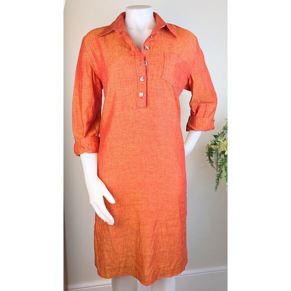 VTG Chetta B Shirt Shift Dress Linen 8 Coral Orange Shimmer Long Sleeve Coastal - Picture 2 of 13